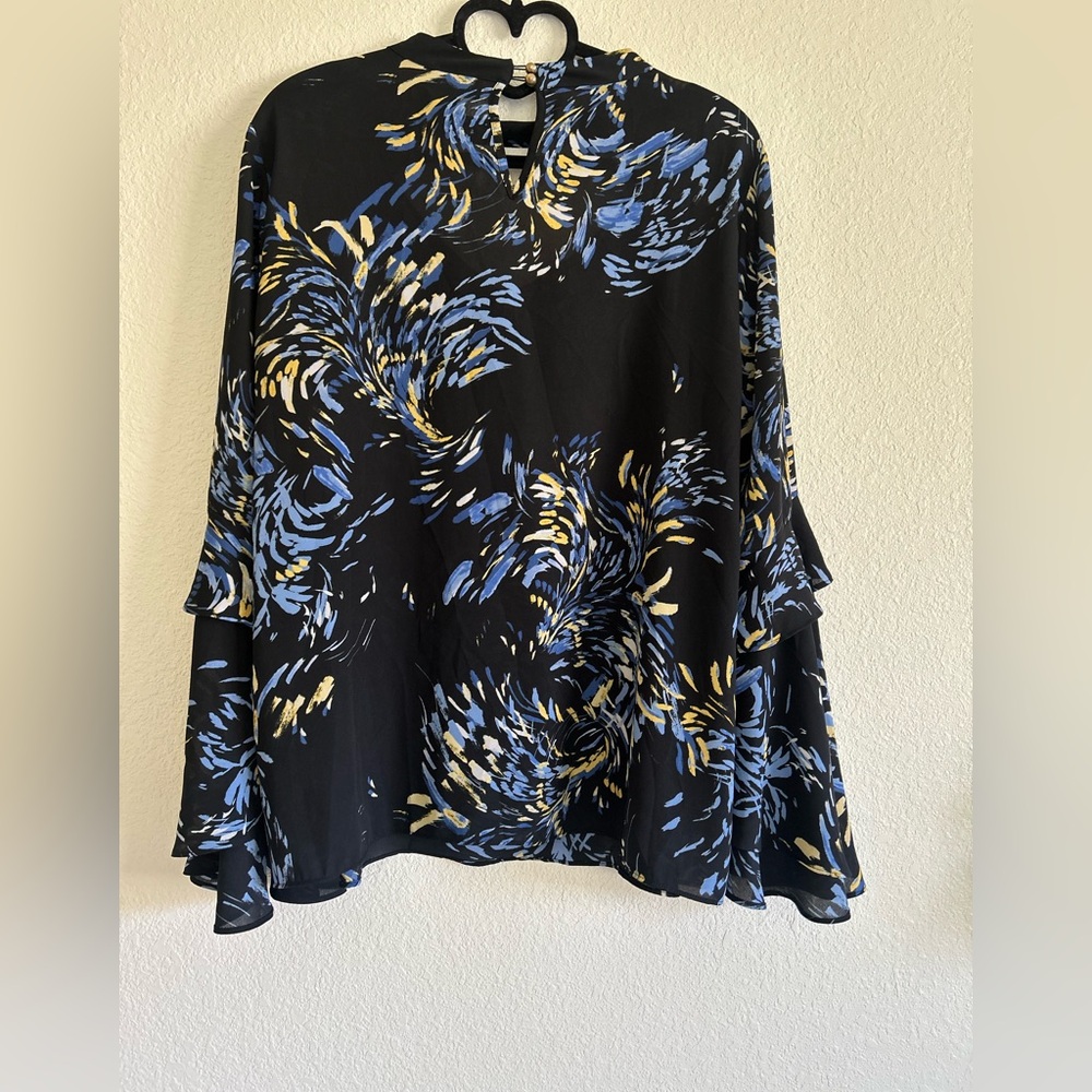 Thalia Sodi Black Tunic with Blue and Gold Swirl Print
